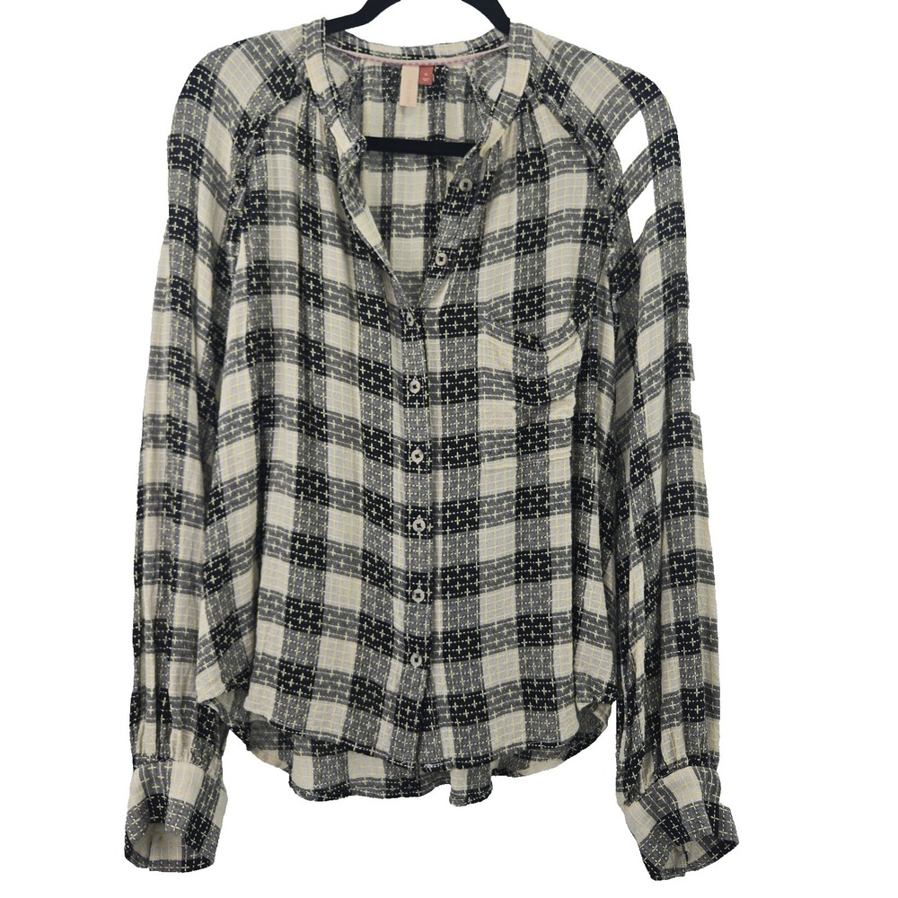 Pilcro Womens XL Cream Black Yellow Checkered Button-Up Viscose & Wool Blend Top